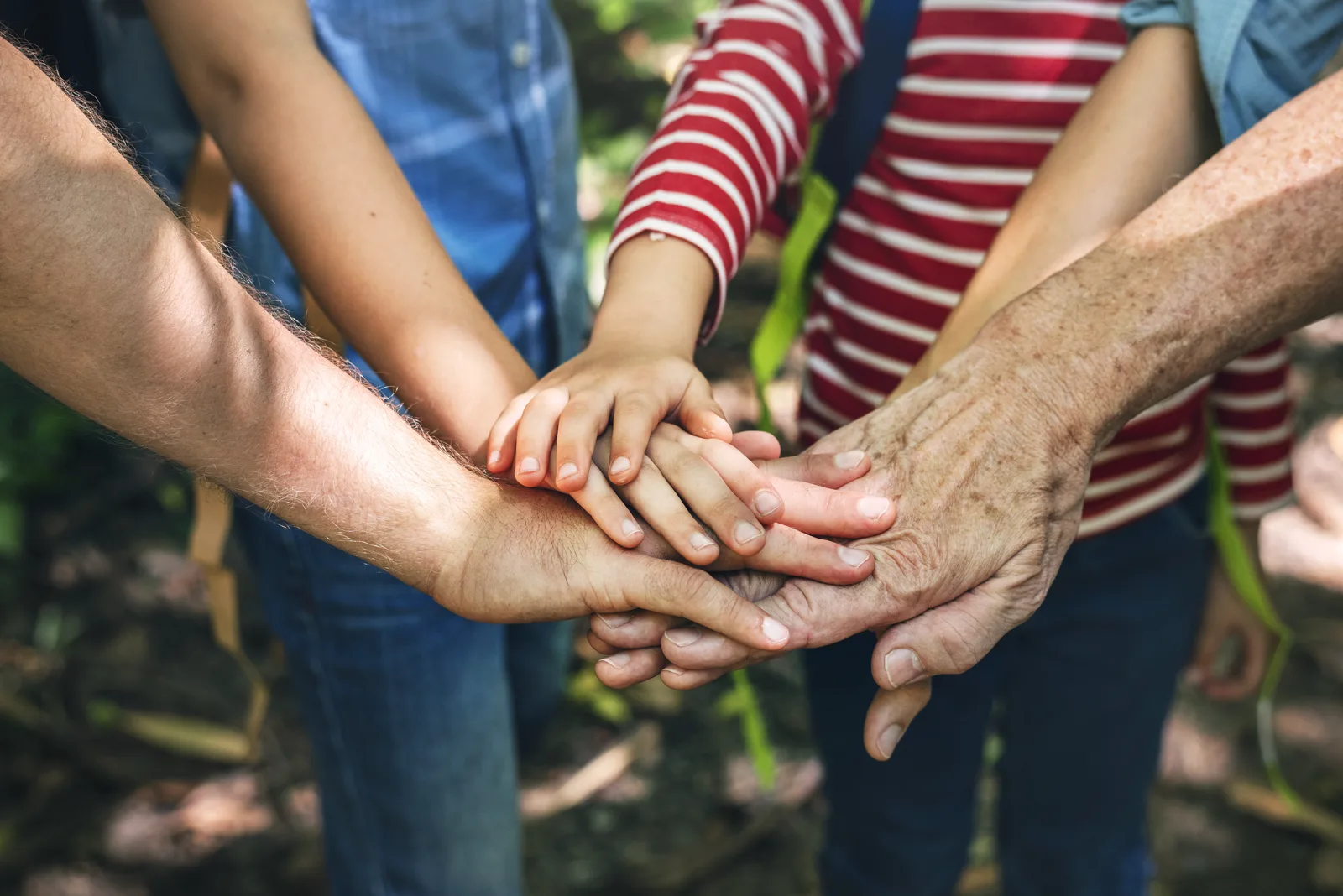 Several hands of different ages stacked together, warm natural light
