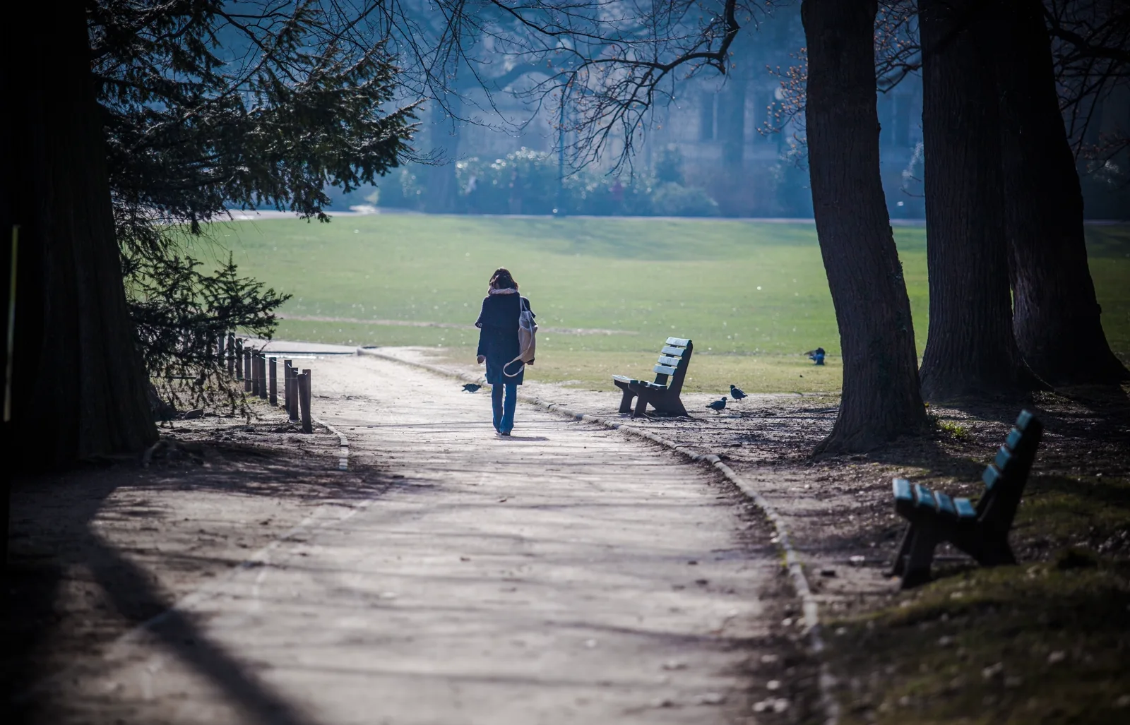 A person walking alone on a quiet path, unhurried, in soft daylight